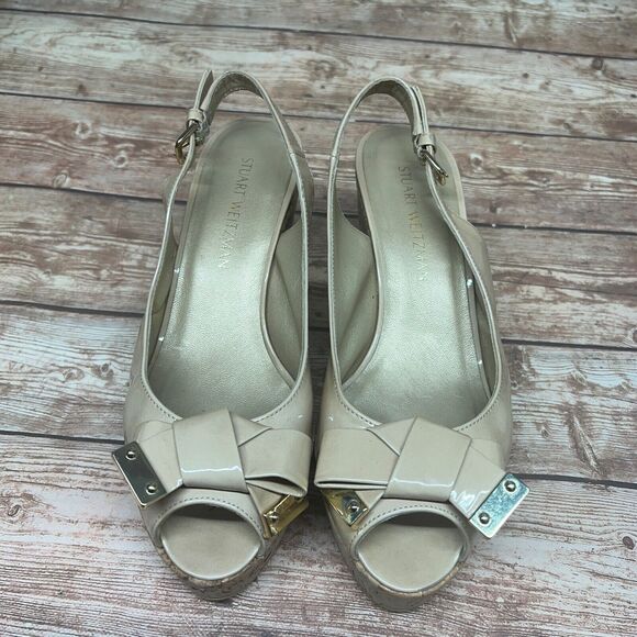 Stuart Weitzman Womens Patent Leather Peep Toe Slingback Wedges Beige Size 9.5 - Picture 7 of 12